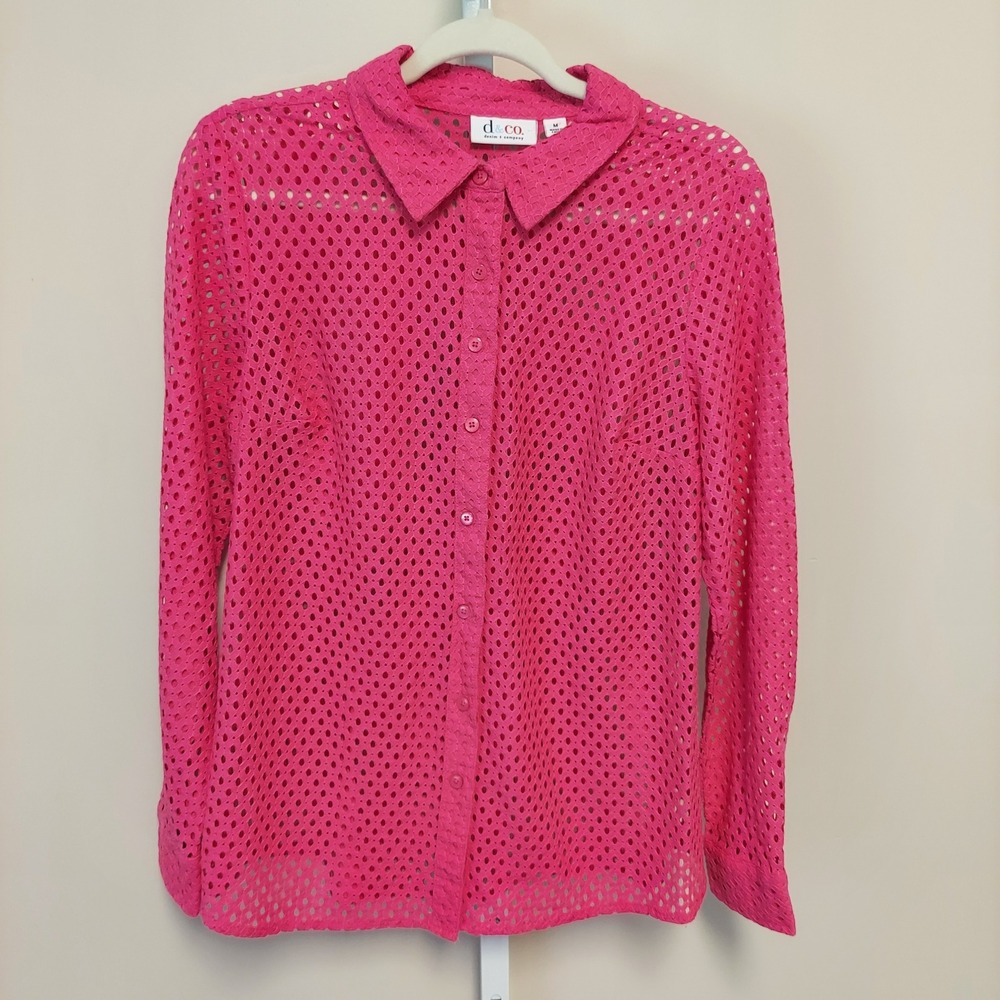 Denim & Co Hot Pink Lattice Button Down Shirt Long Sleeve Blouse M Preppy‎